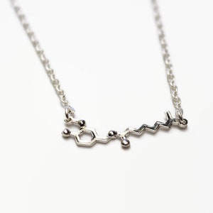 Puede incluir: Un collar de plata con un colgante en forma de molécula de dopamina.
