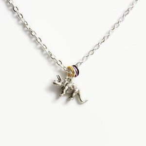 May include: A silver necklace with a small silver triceratops charm and a charm with multiple colored rings. The rings are yellow, purple, and black.