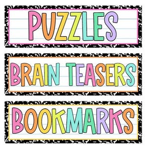 Könnte beinhalten: Drei farbenfrohe rechteckige Schilder mit den Wörtern "PUZZLES", "BRAIN TEASERS" und "BOOKMARKS". Jedes Schild hat einen weiß linierten Hintergrund, einen schwarz-weißen gemusterten Rand und farbigen Text.
