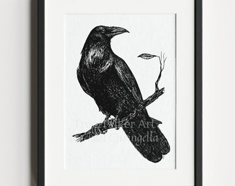 Raven in Tree Art- Giclee Fine Art Print - Pen and Ink Illustration - Raven illustration