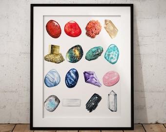 May include: A framed print featuring a collection of 18 watercolor painted gemstones in various colors and shapes, including red, blue, green, purple, and gold.