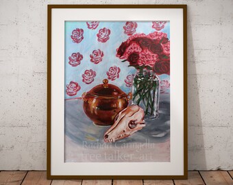 Fox Skull and Roses Still Life Art Print - by Rachael Caringella - Fine Art Print by Tree Talker Art - Mixed Media Art