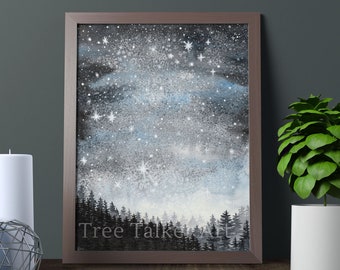 Giclée Fine Art Print of Glow in the Dark Galaxy-  Stars and Foggy Forest Print - Art by Rachael Caringella Tree Talker Art