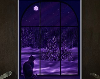 Cat Watching the Snow from the Window Art Purple  Print Winter Cat art by rachael caringella Tree talker art