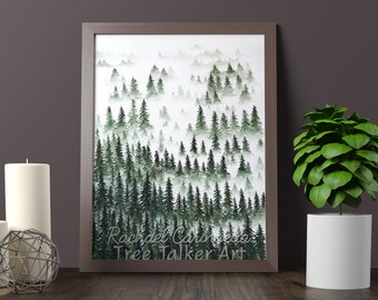 Misty Trees Fine Art Print - Foggy Trees by Rachael Caringella - Tree Talker Art - Watercolor Giclee Print