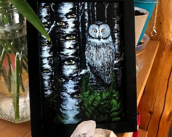 Small Owl in Forest Art Print - 5x7 Glow in the Dark Owl Print - Hand Embellished Print Rachael Caringella - Tree Talker Art -