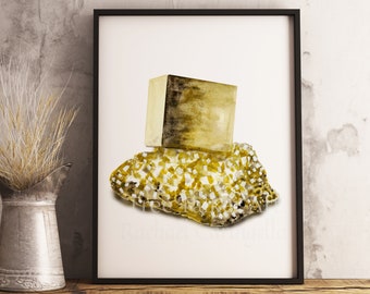 Pyrite Fine Art - Watercolor Crystal Painting - Crystal Art - Giclee Art Print - Rachael Caringella Tree Talker Art