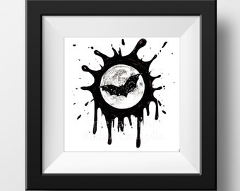 Bat Flying Over Moon Drawing Black and White- Giclee Fine Art Print - Pen and Ink Illustration - Bat and Full Moon illustration