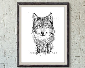 Black and White Wolf Drawing- Giclée Art Print- Wolf Illustration