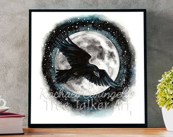 Moonlit Raven -  Raven and Moon Painting - Watercolor Painting by  Rachael Caringella - Tree Talker Art -