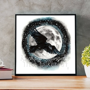 Moonlit Raven -  Raven and Moon Painting - Watercolor Painting by  Rachael Caringella - Tree Talker Art -
