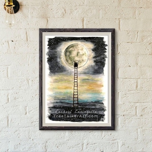 Ladder To The Moon- Third Demension - Watercolor Illustration - Full Moon Art - Autumn Alchemy