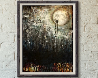 Giclée Art print - Through The Moon - Ladder To The Moon Painting- 8x10 art print