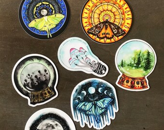 Tree Talker Art Stickers - Individual - Or As a Set - Crystal ball - Mandala - Moth Artwork Sticker