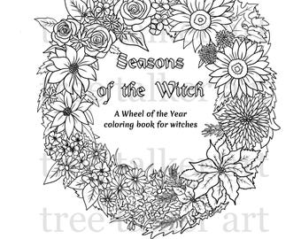 Printable Wheel of the Year Adult Coloring Book, 45 Hand Drawn Witch Illustrations, Downloadable Seasons of the Witch by Rachael Caringella