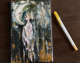 Lunar Goddess Art Hand-Embellished with Gold - Spiral Bound Blank Art Print Notebook by Tree Talker Art - 5.5x8 Inches