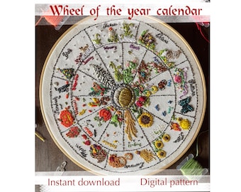 PDF Wheel of the Year with Calendar Months Hand Embroidery Pattern Digital Download Seasonal Monthly Calendar Design by Rachael Caringella