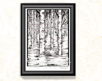 Flooded Forest Illustration - Giclee Fine Art Print - Aspen Tree Illustration - Surreal Tree Art - Artist Rachael Caringella