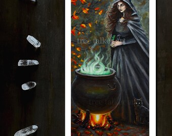 Forest Witch with Cat and brown Hair - Aiden  Witch of the Woods- Painting by Tree Talker Art- Glow in the dark art