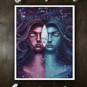 May include: A painting of two women with their faces split in half, one side is red and the other is blue. The background is a starry night sky. The text "tree talker art" is visible in the image.