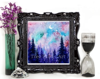 Giclée Fine Art Print - Pastel Galaxy - Glow in the dark Art -  Stars Forest Art by Rachael Caringella Tree Talker Art