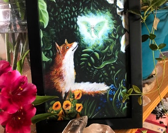 Small Fox and Moth Art Print - 5x7 Glow in the Dark Fox and Fairy Print - Hand Embellished Print Rachael Caringella - Tree Talker Art -