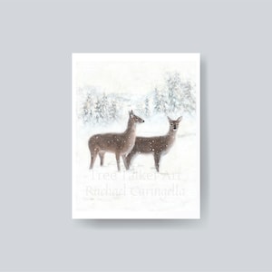 Deer Pair Walking Through Snow - Winter Deer Scene Giclee Art Print - Fine art print by Rachael Caringella Tree Talker Art