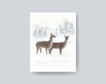Deer Pair Walking Through Snow - Winter Deer Scene Giclee Art Print - Fine art print by Rachael Caringella Tree Talker Art