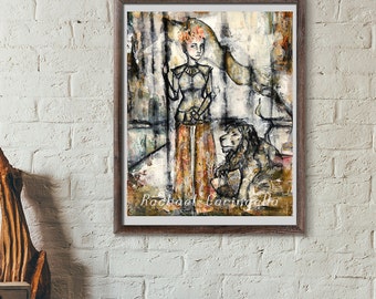 11x14 Giclée Art Print - Warrior Woman  -  Large Mixed Media - Woman and Lion Painting