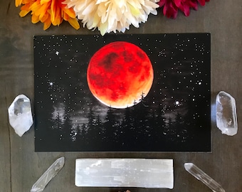 Lunar Eclipse Art Print- Blood Moon Over Dark Forest - Glow in the Dark Full Moon - Small Art Print by Rachael Caringella