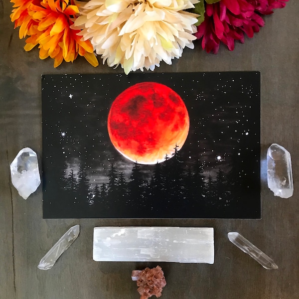 Lunar Eclipse Art Print- Blood Moon Over Dark Forest - Glow in the Dark Full Moon - Small Art Print by Rachael Caringella