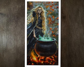 Forest Witch with Raven and Blonde Hair - Aingeal Witch of the Woods- Painting by Tree Talker Art Glow in the dark art