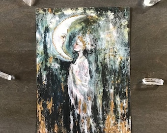 Moon Goddess Mini Art Print -  5x7 Art Print - Hand Embellished Goddess art - Print Rachael Caringella - Tree Talker Art