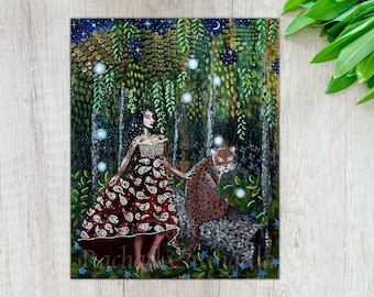 The Enchanted Forest Original Painting - Acrylic Painting of Woman and Jaguar | Rachael Caringella Tree Talker Art