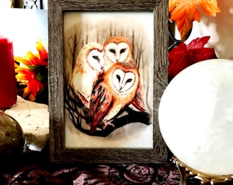 Barn Owls in a Tree - Barn Owls Art Print- Owl Art - 4x6 Art print- mini art print - rachael caringella