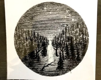 Ghost in Field Original Illustration by Rachael Caringella Tree Talker Art Small pen and ink ghost drawing