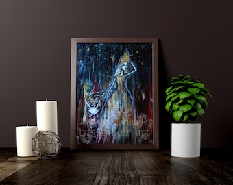 The Tiger and The Night Queen - Giclee Art Print - by Rachael Caringella - Fine Art Print  by Tree Talker Art - Hand Embellished with Gold