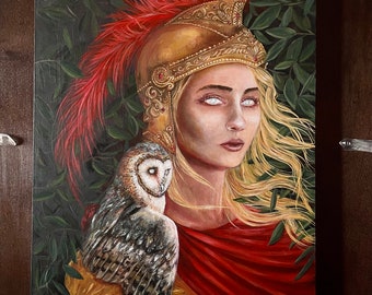 Athena Painting Glow in the Dark Athena and Owl Goddess Original Painting by Rachael Caringella Tree Talker Art