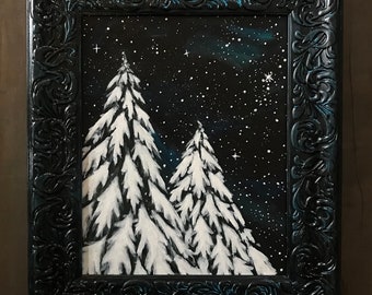 Framed Original Acrylic Glow in the Dark -  Mixed Media Painting - Snowy Pines by Rachael Caringella - Tree Talker Art - Winter Scene
