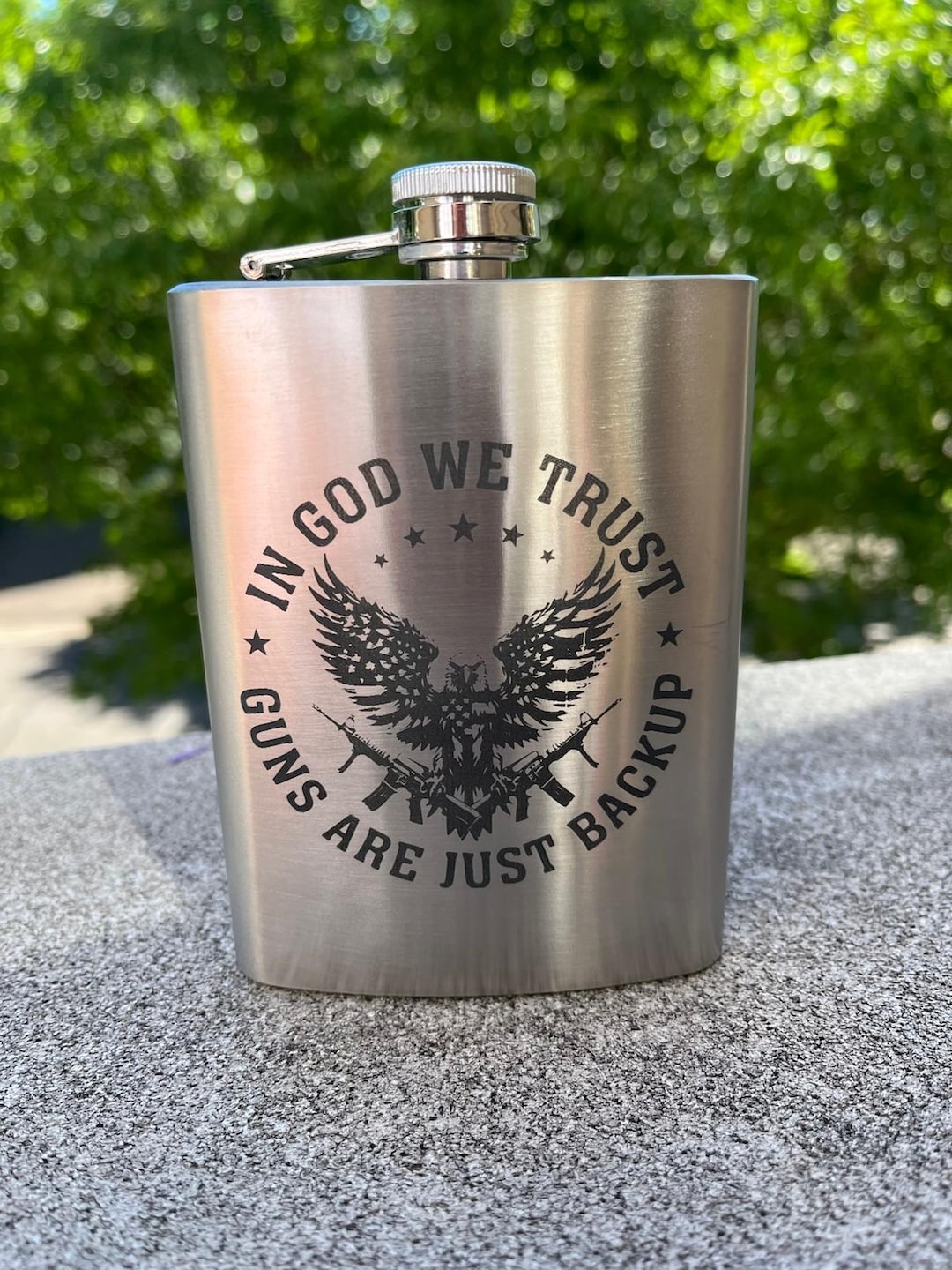 Flask God In God We Trust Flask – Engraved Stainless Steel 8oz – Guns Are Just ...