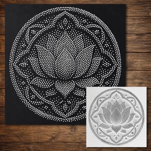 May include: A square black panel featuring a large white circular mandala design composed of numerous small dots forming a lotus flower pattern, accompanied by a smaller white square card displaying the same black dot pattern design.