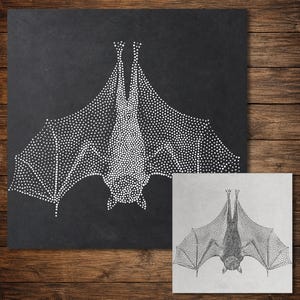 May include: A square black tile featuring a white stippled bat illustration and a smaller square white tile with a black stippled bat illustration. Both tiles display the same bat design created with a dot pattern, showing the bat hanging upside down.