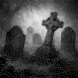 May include: Black and white dot art illustration of a cross in a graveyard. The image is created with a stippling technique, with white dots forming the cross and surrounding areas against a black background. The artwork evokes a sense of solemnity.