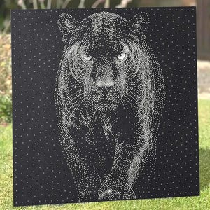 May include: A square black panel featuring a pointillist-style tiger portrait created with white dots. The tiger is depicted facing forward with intense eyes, while the surrounding black space is filled with a uniform pattern of small white dots.