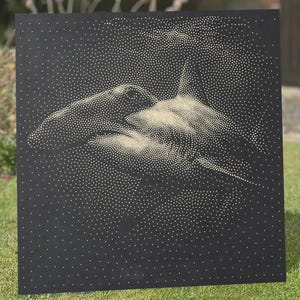 May include: A square black art panel featuring a stippled design created with numerous small white dots. The arrangement of these dots forms the recognizable image of two hands touching, with the density of the dots creating light and shadow.