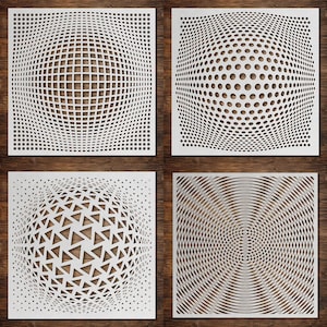 May include: A set of four square white stencils featuring geometric patterns. The top left shows a grid of squares, the top right a grid of circles, the bottom left a grid of triangles, and the bottom right a series of concentric circular lines.