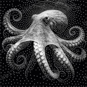 Può includere: Illustrazione dettagliata di un polpo in stile pointillisme, bianco su sfondo nero. Il polpo è reso con numerosi piccoli punti bianchi, creando un effetto testurizzato. I tentacoli sono distesi e il design è simmetrico. Contrasto suggestivo.