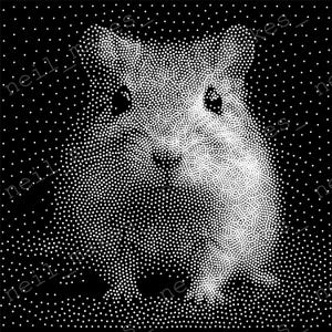 May include: A black and white dot illustration of a small animal, possibly a rodent, facing forward. The animal's form is created using numerous white dots against a black background, giving it a textured appearance.