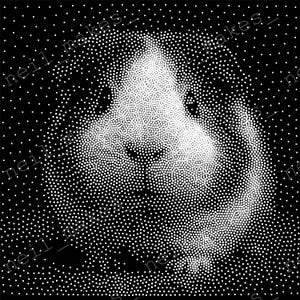 May include: A black and white dot-patterned illustration of a guinea pig's face. The image uses a pointillism technique, with white dots forming the guinea pig against a black background. The guinea pig's features are clearly defined.