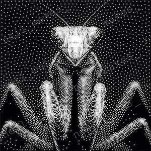 May include: A black and white stippled illustration of a praying mantis, created using a dense pattern of white dots on a solid black background. The text neil_makes is repeated across the image in a subtle, watermark-style font overlay.